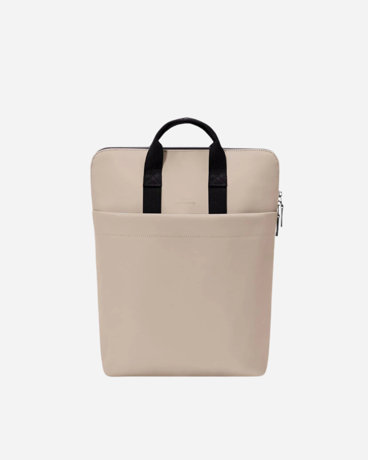 Beige backpack with black carry handle