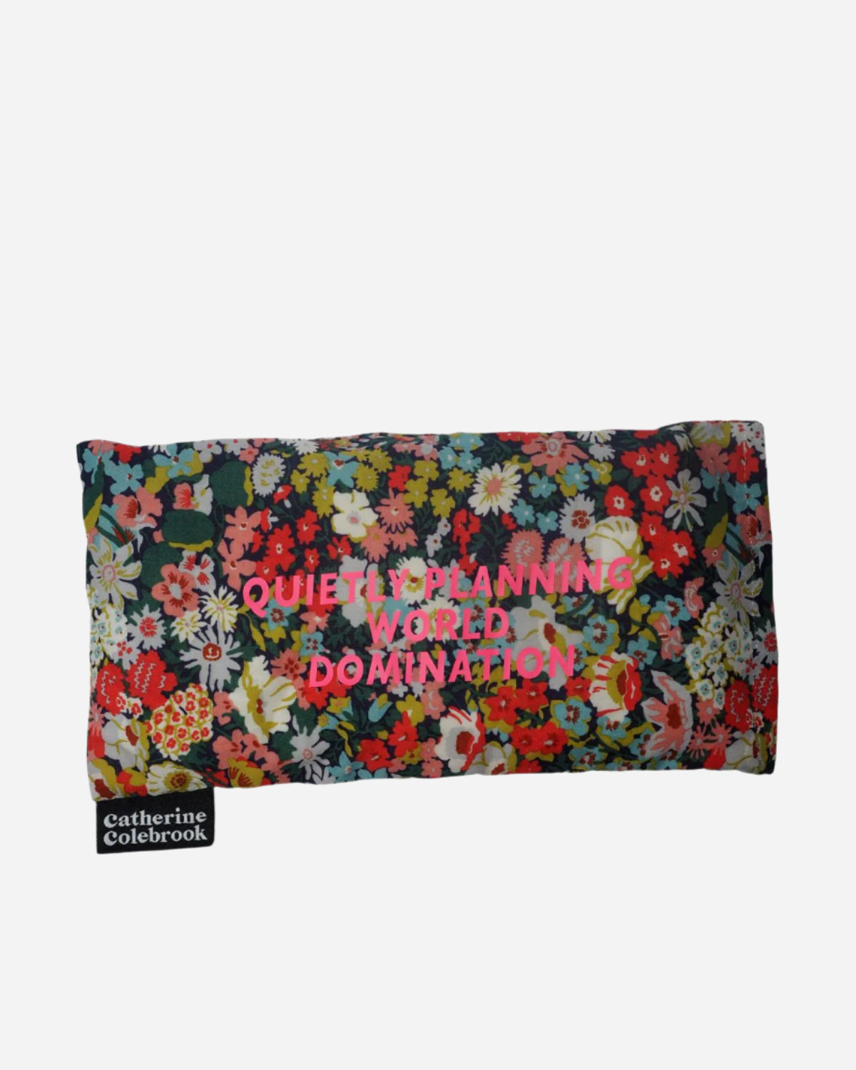 Floral pouch with text 'Quietly Planning World Domination' on a white background