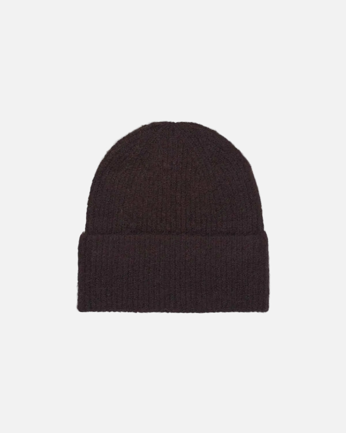A dark brown ribbed knit beanie hat with a folded cuff, shown against a plain white background.