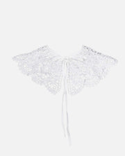 White crochet lace collar with delicate tie straps, displayed flat against a solid white background.