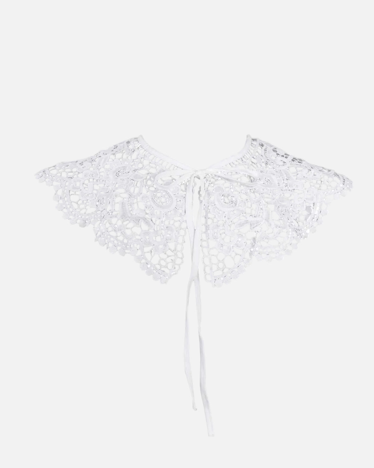 White crochet lace collar with delicate tie straps, displayed flat against a solid white background.