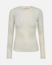 An off-white long-sleeve crewneck top with a textured, crinkled fabric, shown on a plain white background.