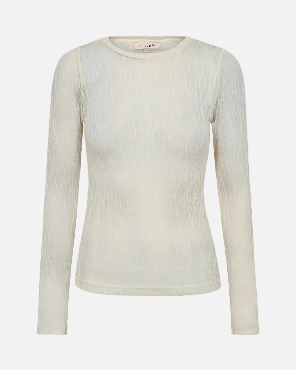 An off-white long-sleeve crewneck top with a textured, crinkled fabric, shown on a plain white background.
