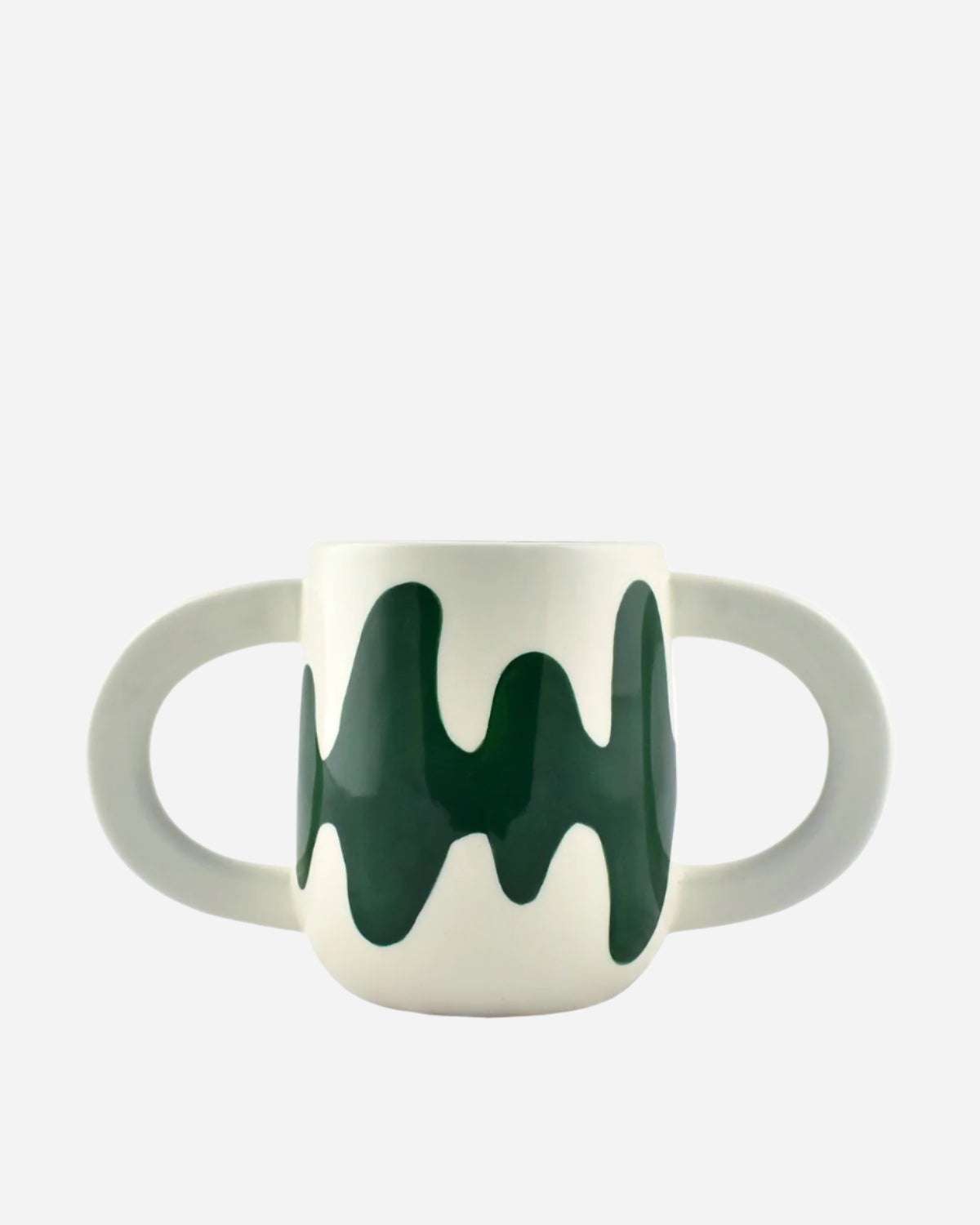 White plant pot with handles and green abstract design on a white background