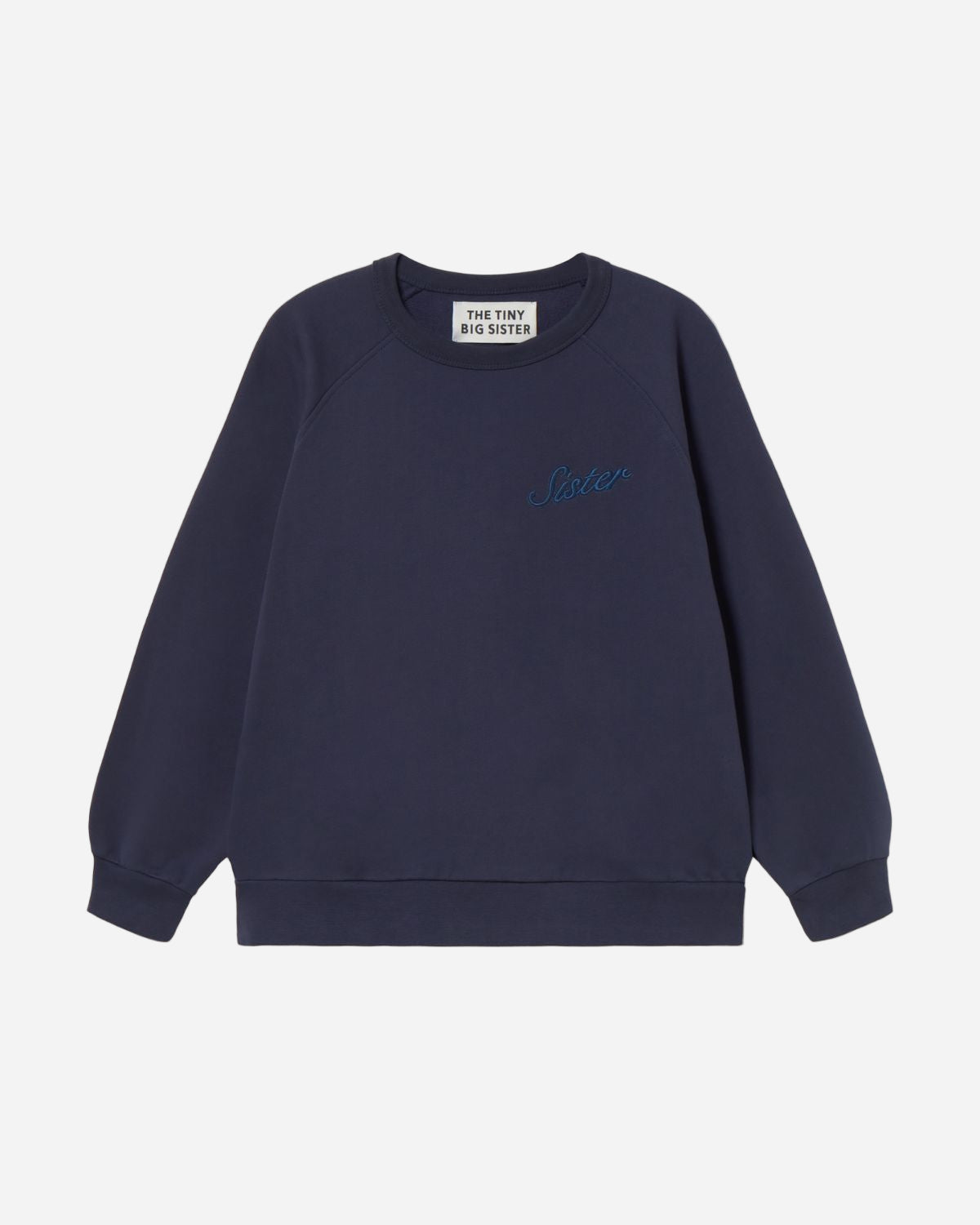 Navy blue sweatshirt with embroidery on a white background