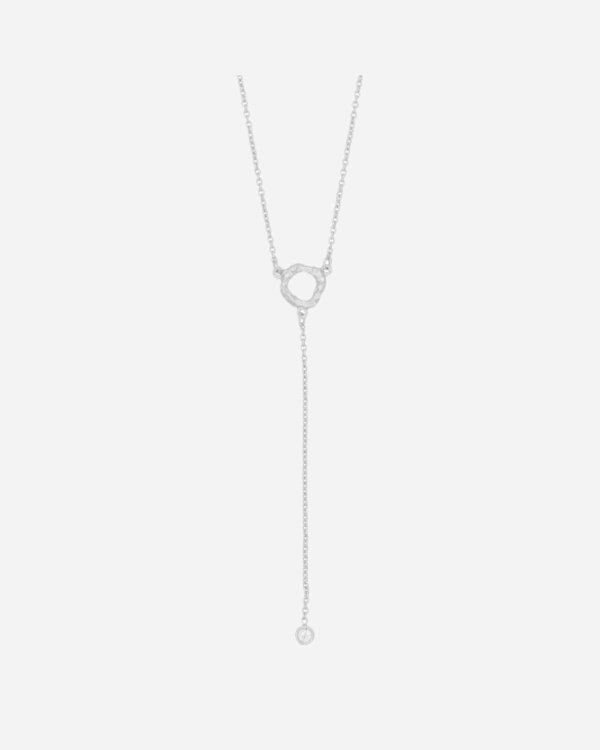 Silver necklace with a small pendant and chain on a white background