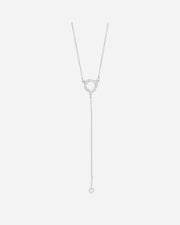 Silver necklace with a small pendant and chain on a white background