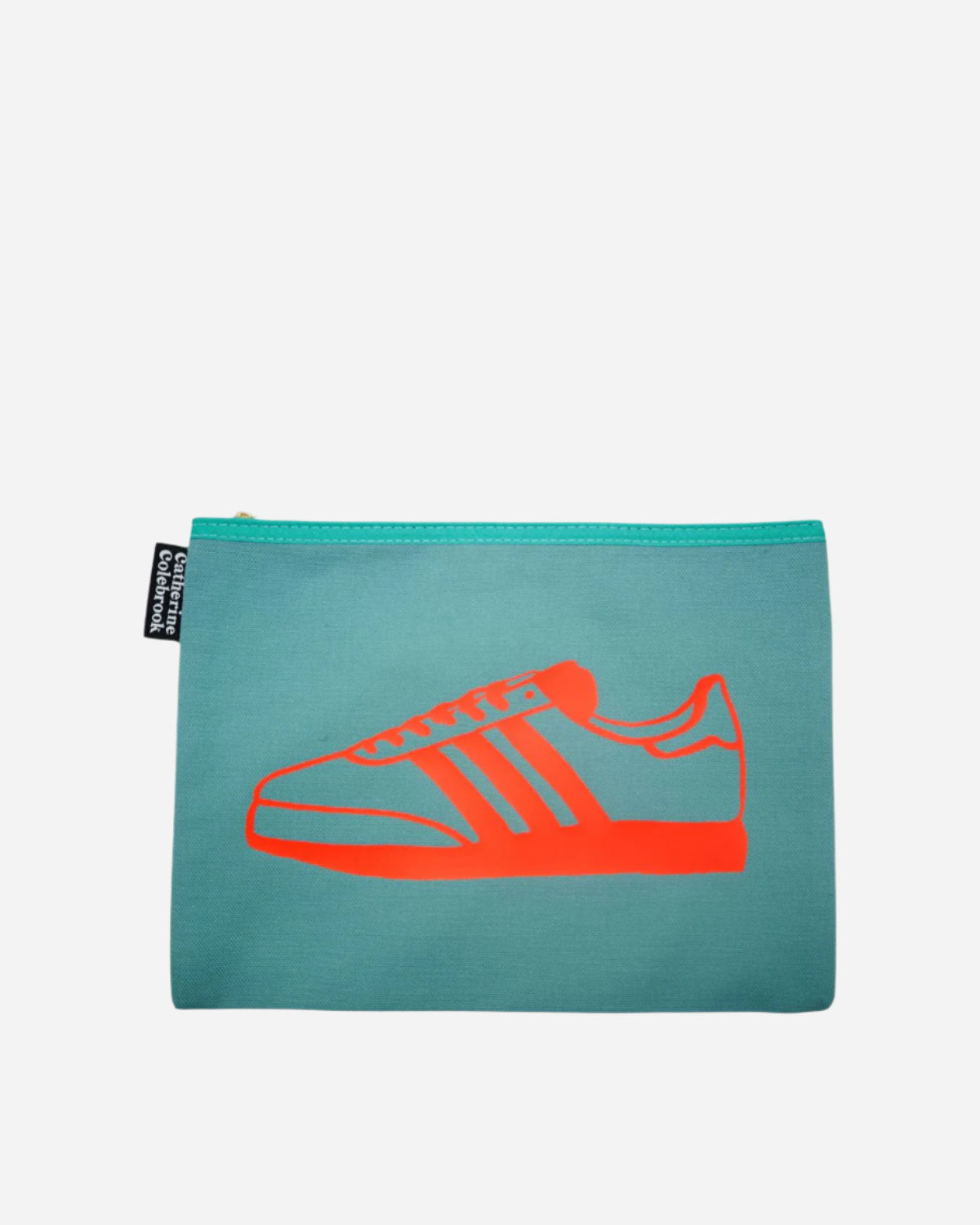 Teal pouch with orange sneaker design on a white background