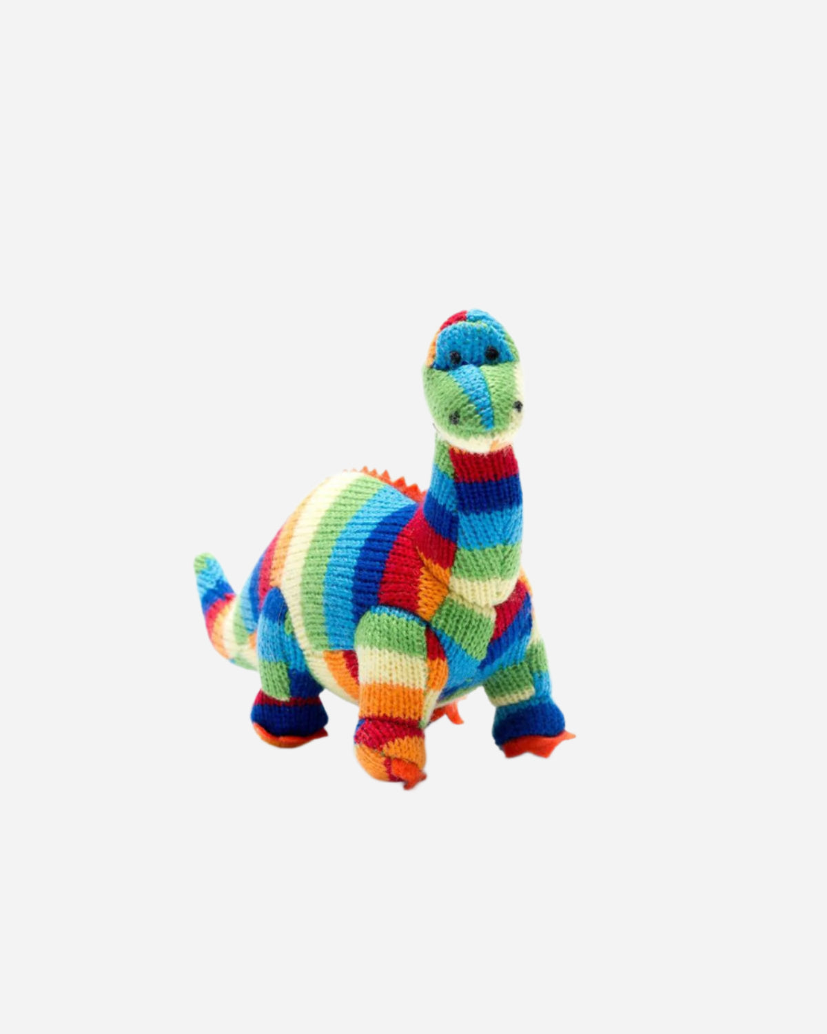 Colorful knitted dinosaur toy on a white background
