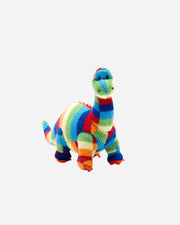 Colorful knitted dinosaur toy on a white background