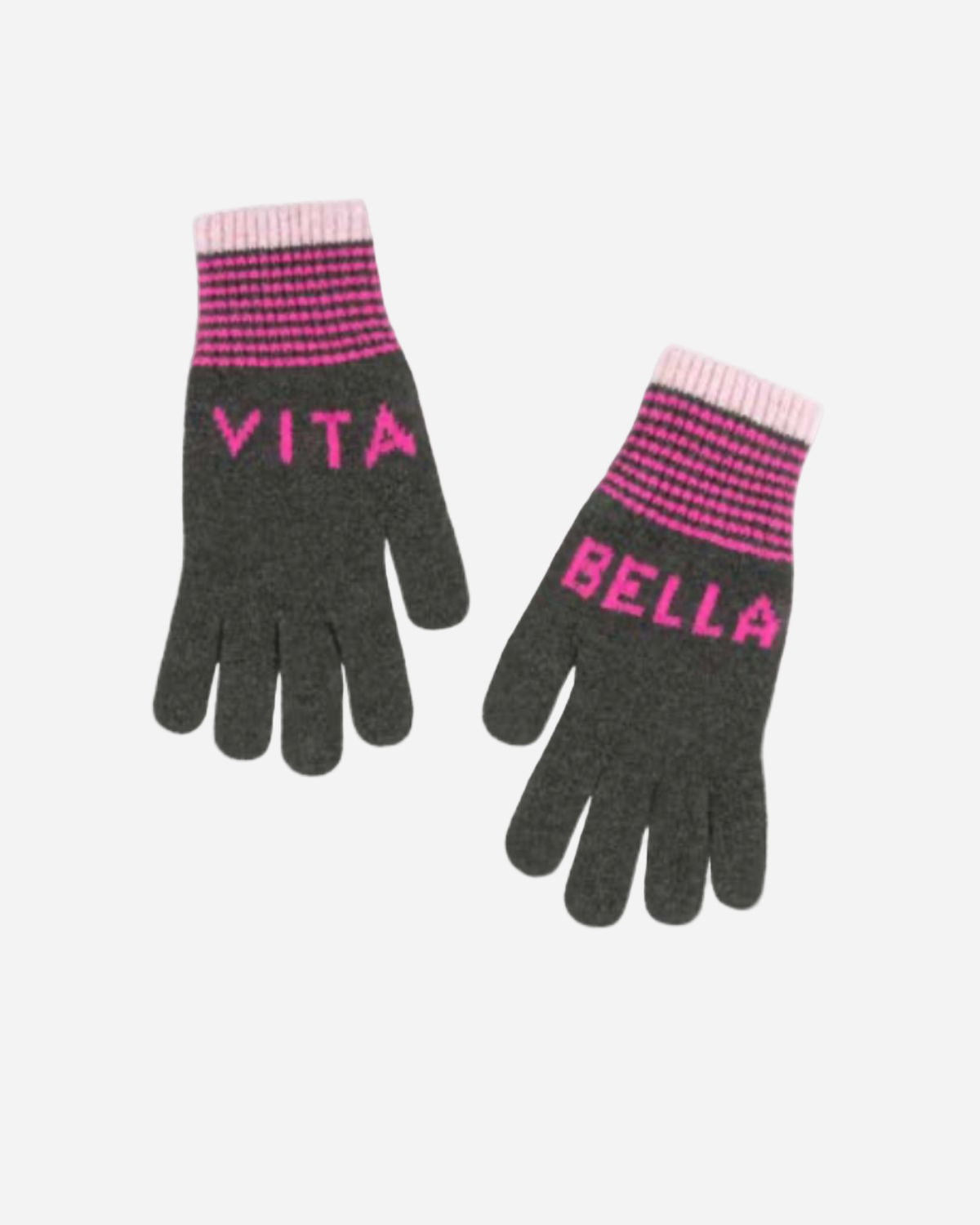 Pair of gloves with 'Vita Bella' branding on a white background