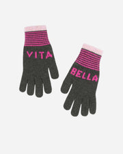 Pair of gloves with 'Vita Bella' branding on a white background