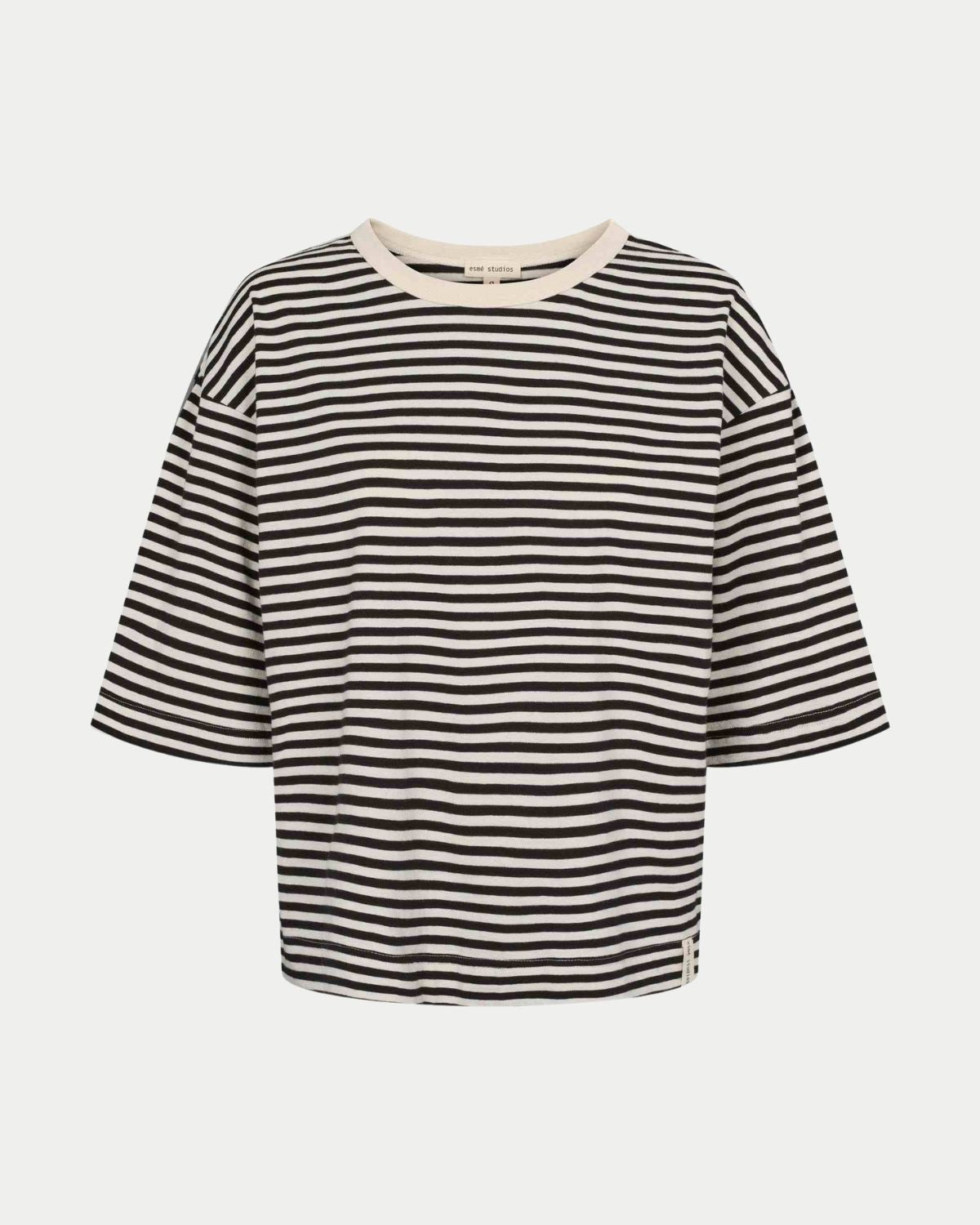 A black and beige striped boxy t-shirt with a classic O-neck and 2/4 sleeves.