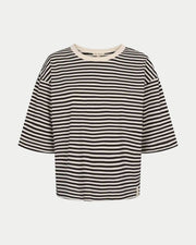 A black and beige striped boxy t-shirt with a classic O-neck and 2/4 sleeves.