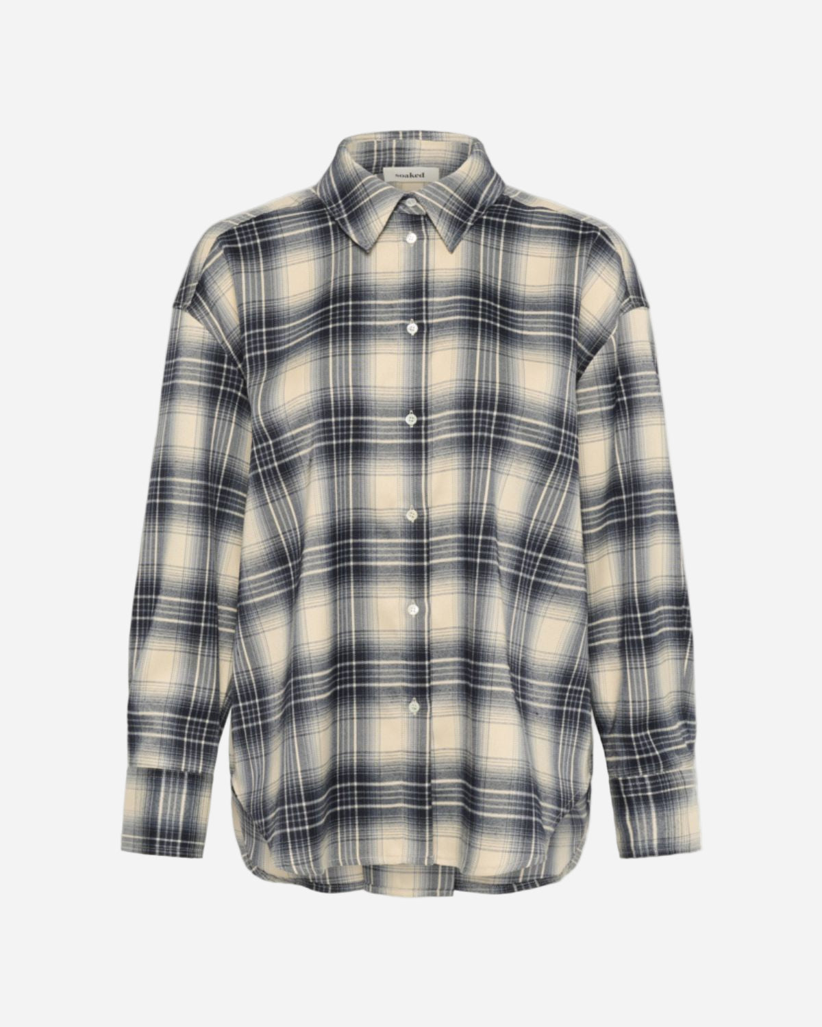Plaid shirt with navy and beige pattern on a white background