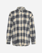Plaid shirt with navy and beige pattern on a white background