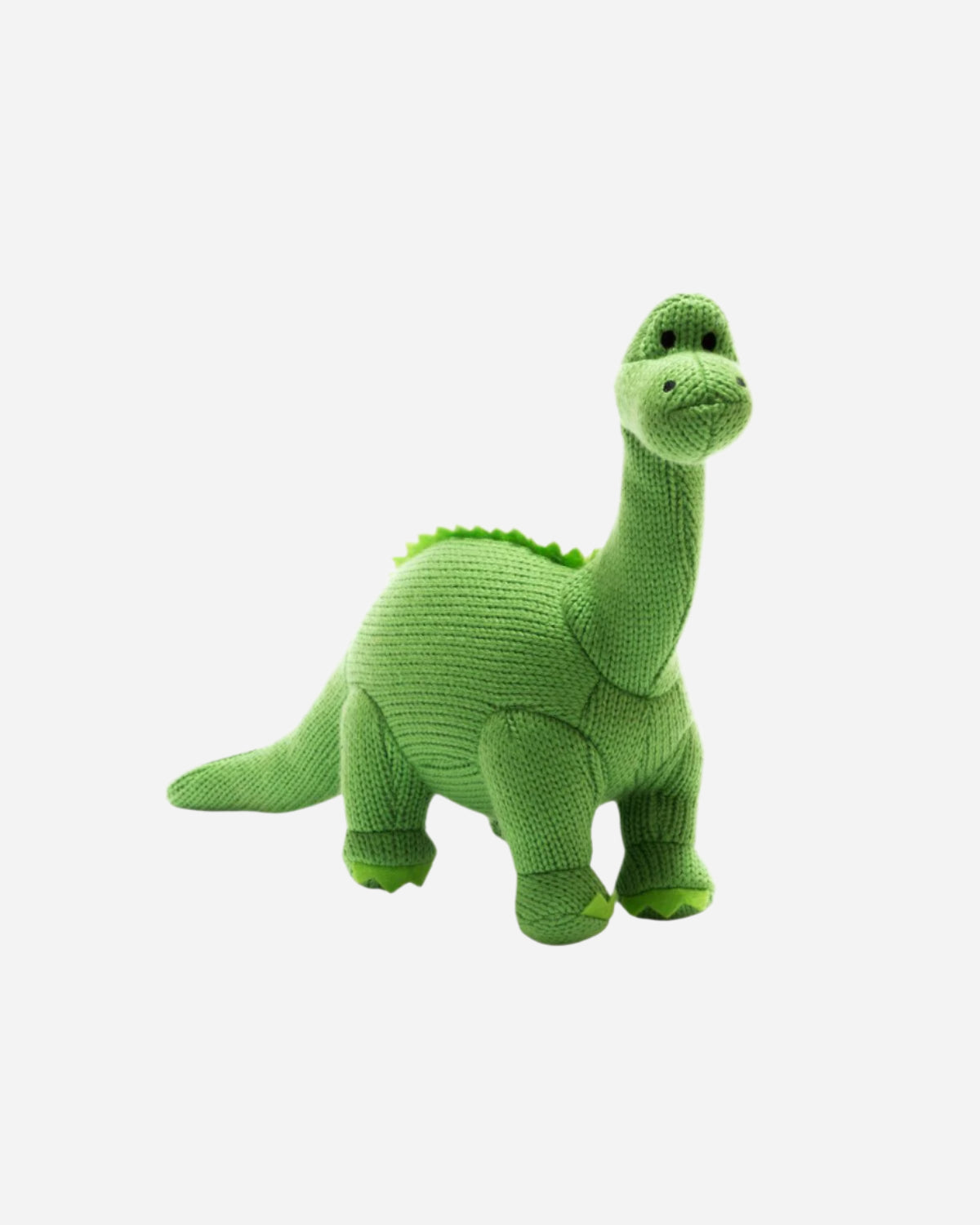 Green dinosaur plush toy on a white background