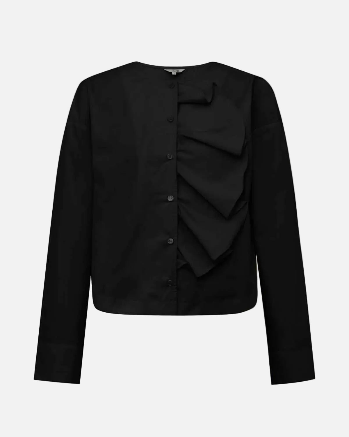 A black long-sleeve button-front blouse with dramatic layered ruffle detailing on the front panel, shown against a plain white background.