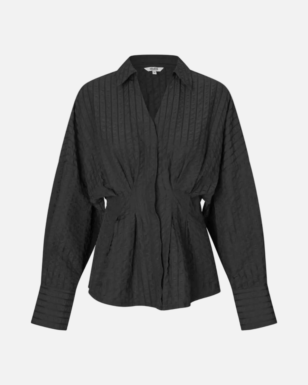 A black long-sleeve button-up shirt with a textured vertical pleated pattern and a self-tie waist belt, shown against a plain white background.