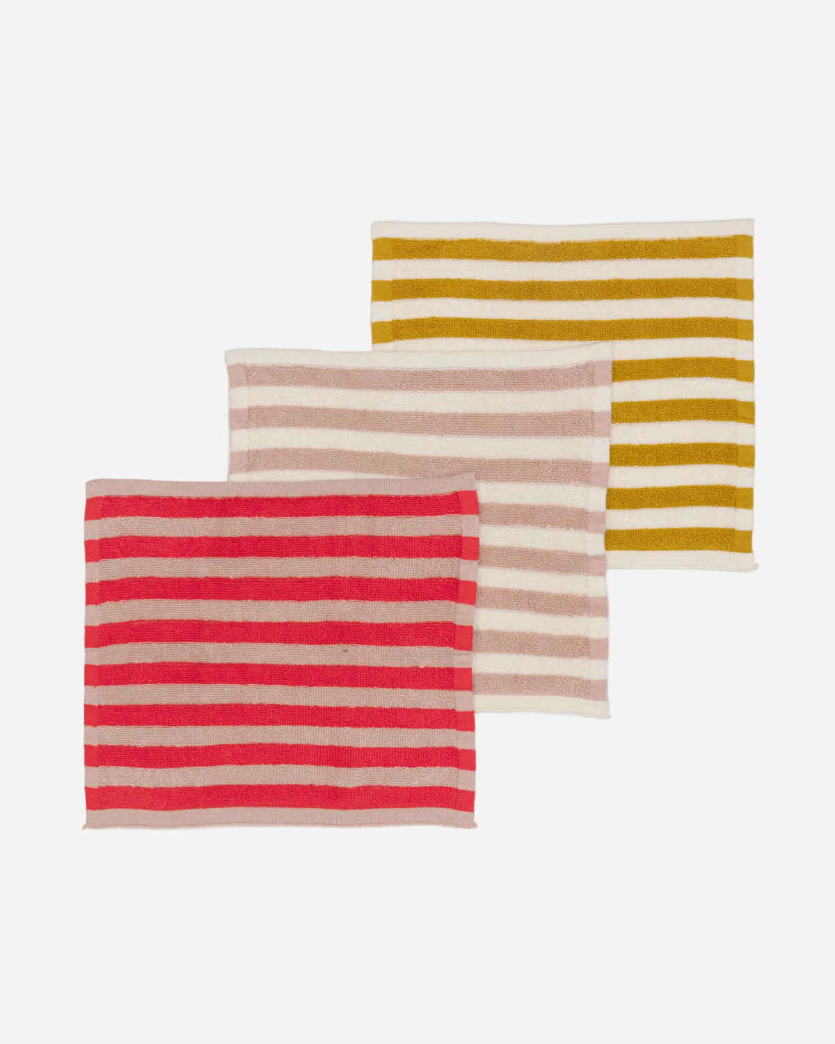 Three striped washcloths in red, pink, and yellow on a white background