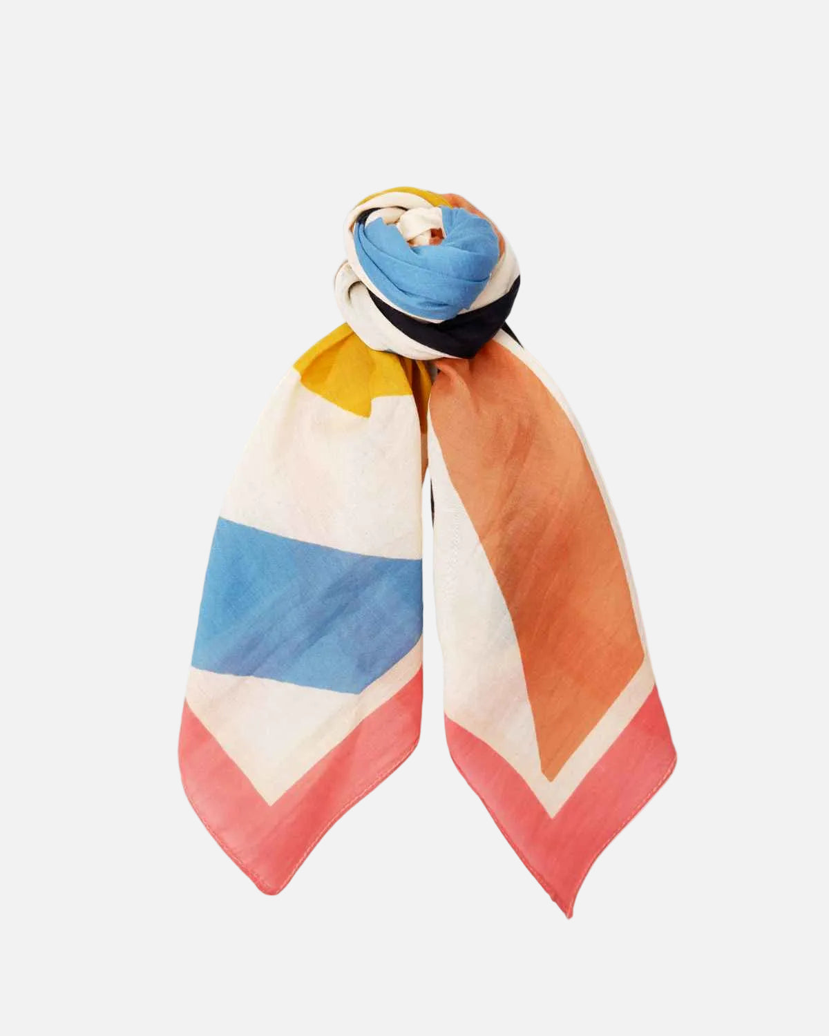 A lightweight square scarf with a colorful geometric pattern, featuring blocks of blue, orange, pink, yellow, and white, styled in a knot at the top on a solid white background.