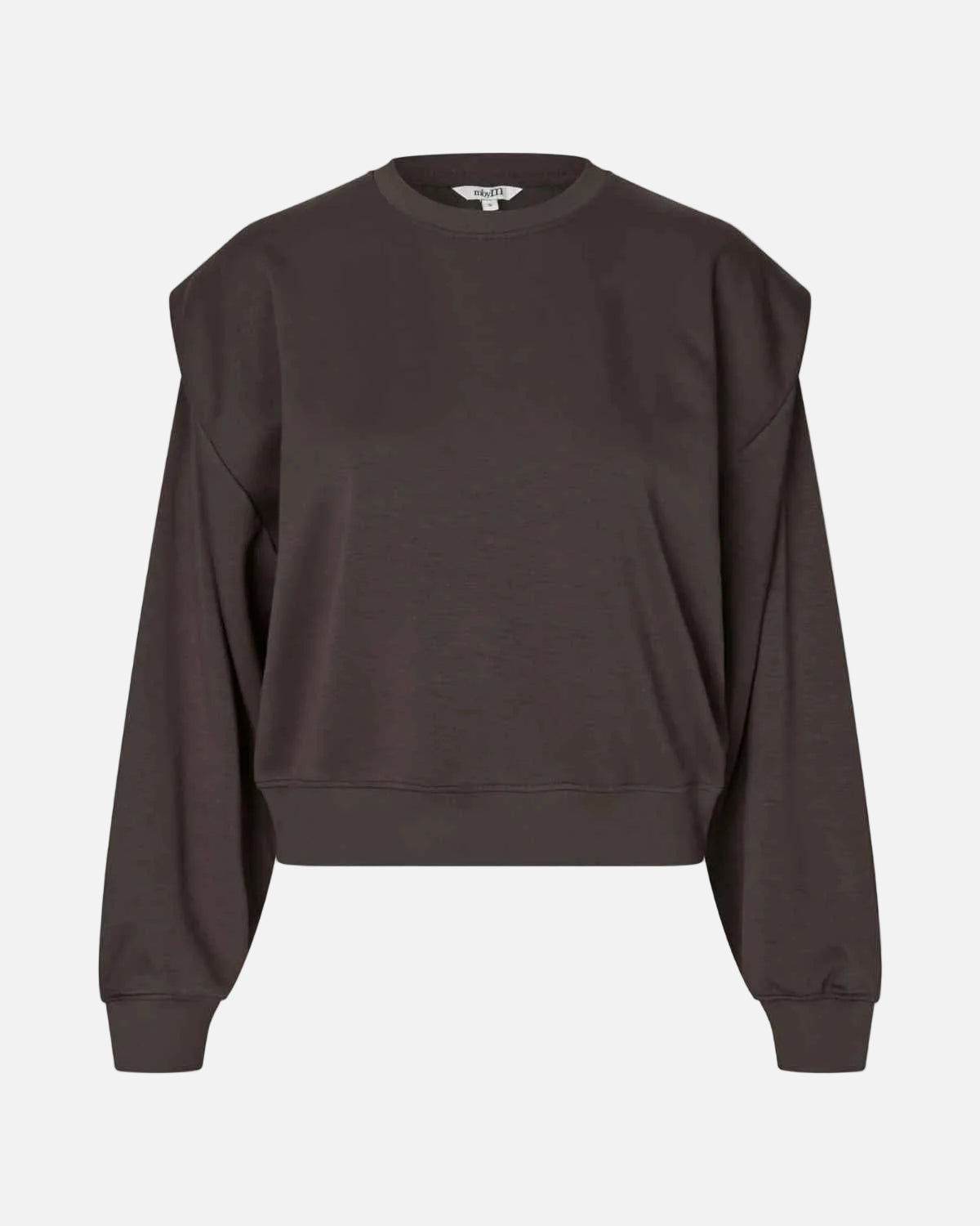 A dark brown cropped crewneck sweatshirt with unique draped shoulder detailing, shown against a plain white background.