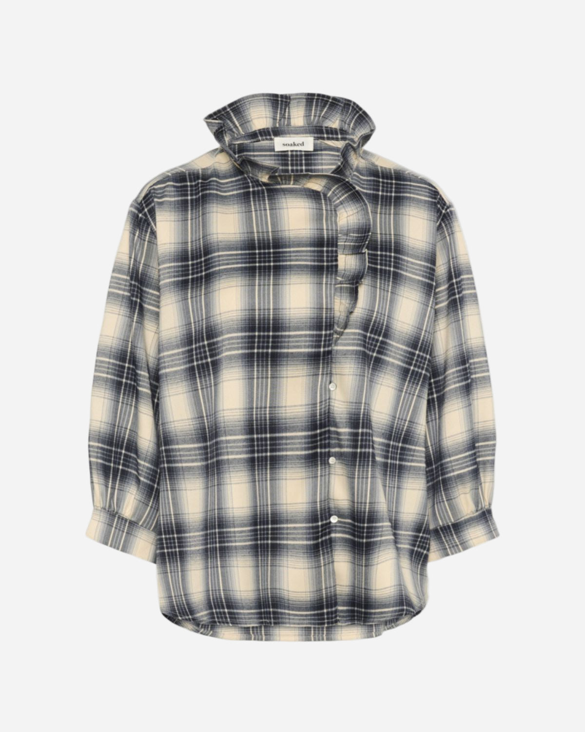 Plaid blouse with frill collar on a white background