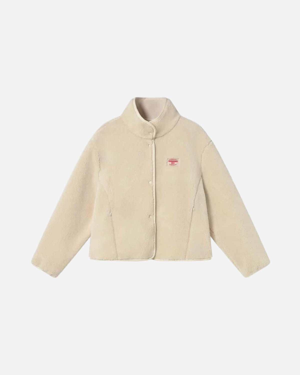 Beige jacket with a small red logo on a white background