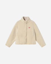 Beige jacket with a small red logo on a white background