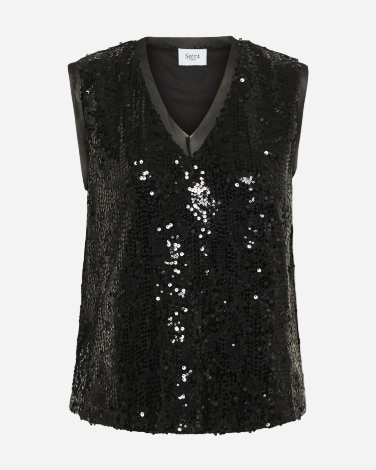 Black sequin vest on a white background