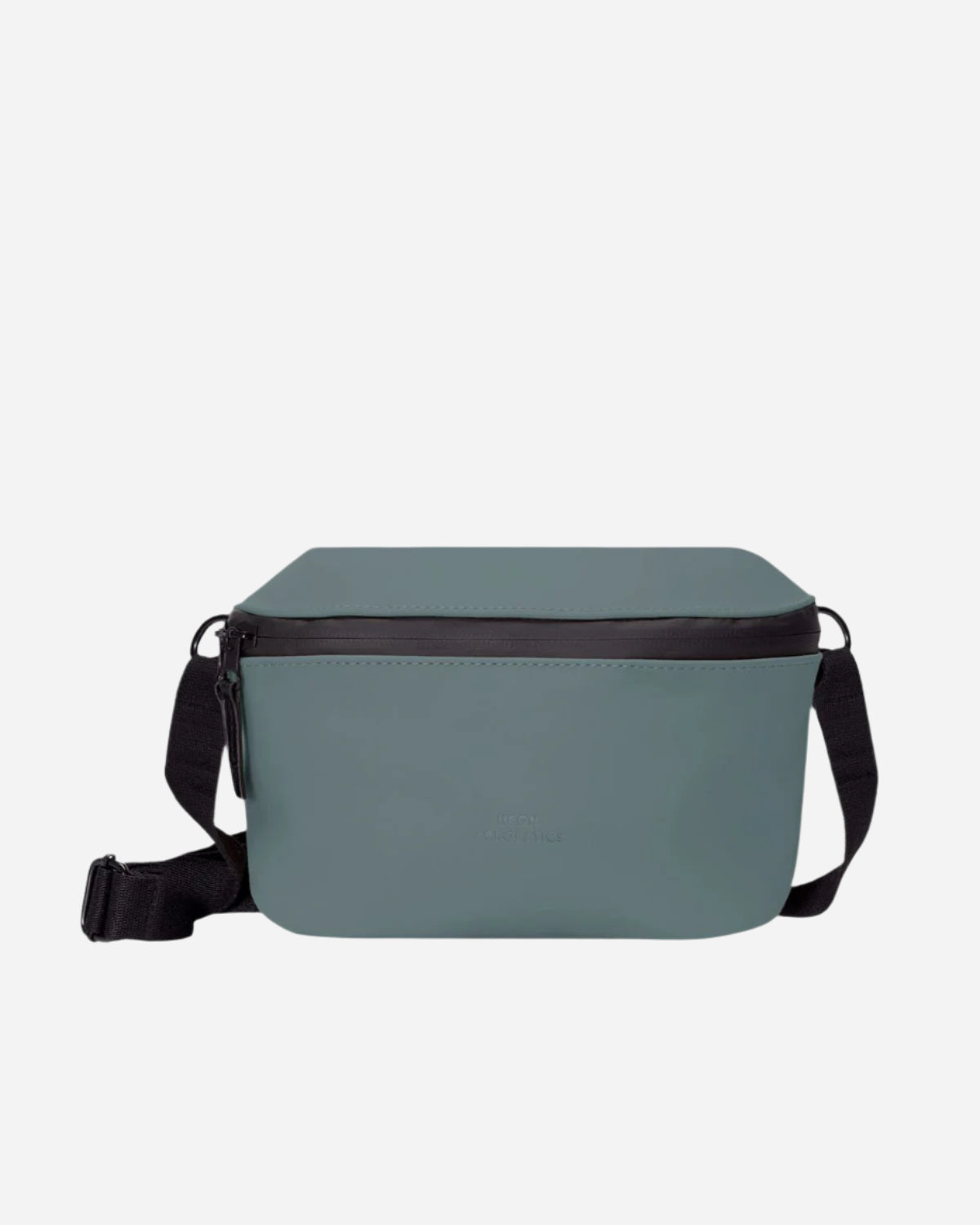 Dark green large crossbody bag with black zip and strap