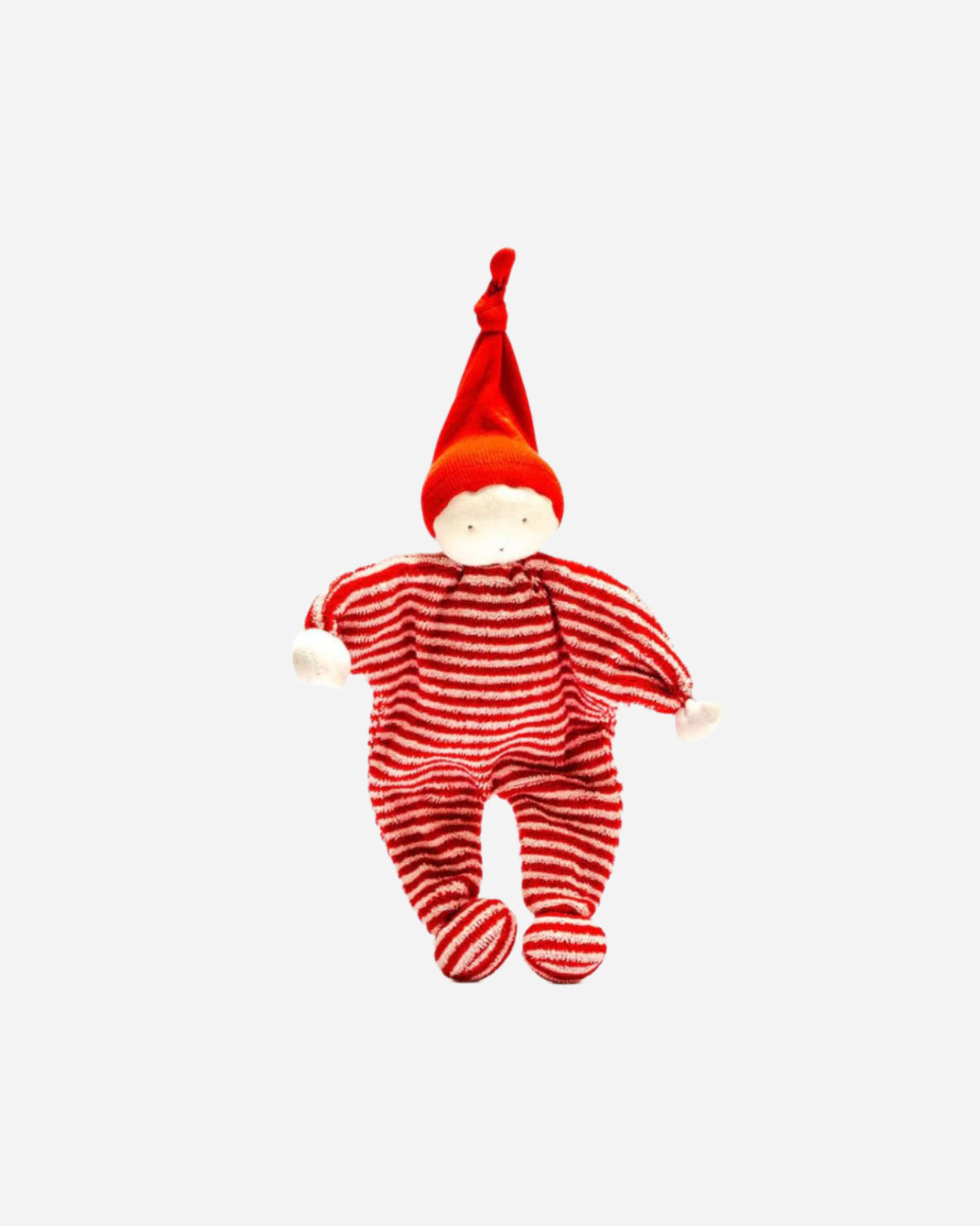 Red and white striped gnome toy on a white background