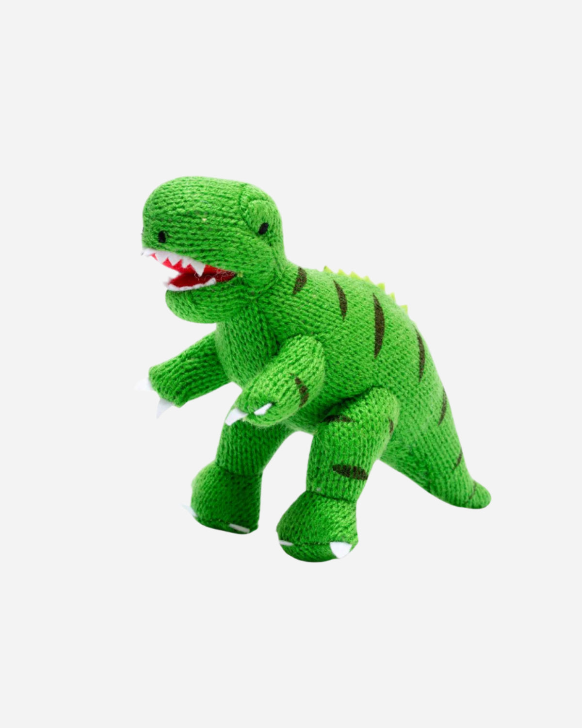Green knitted dinosaur toy on a white background