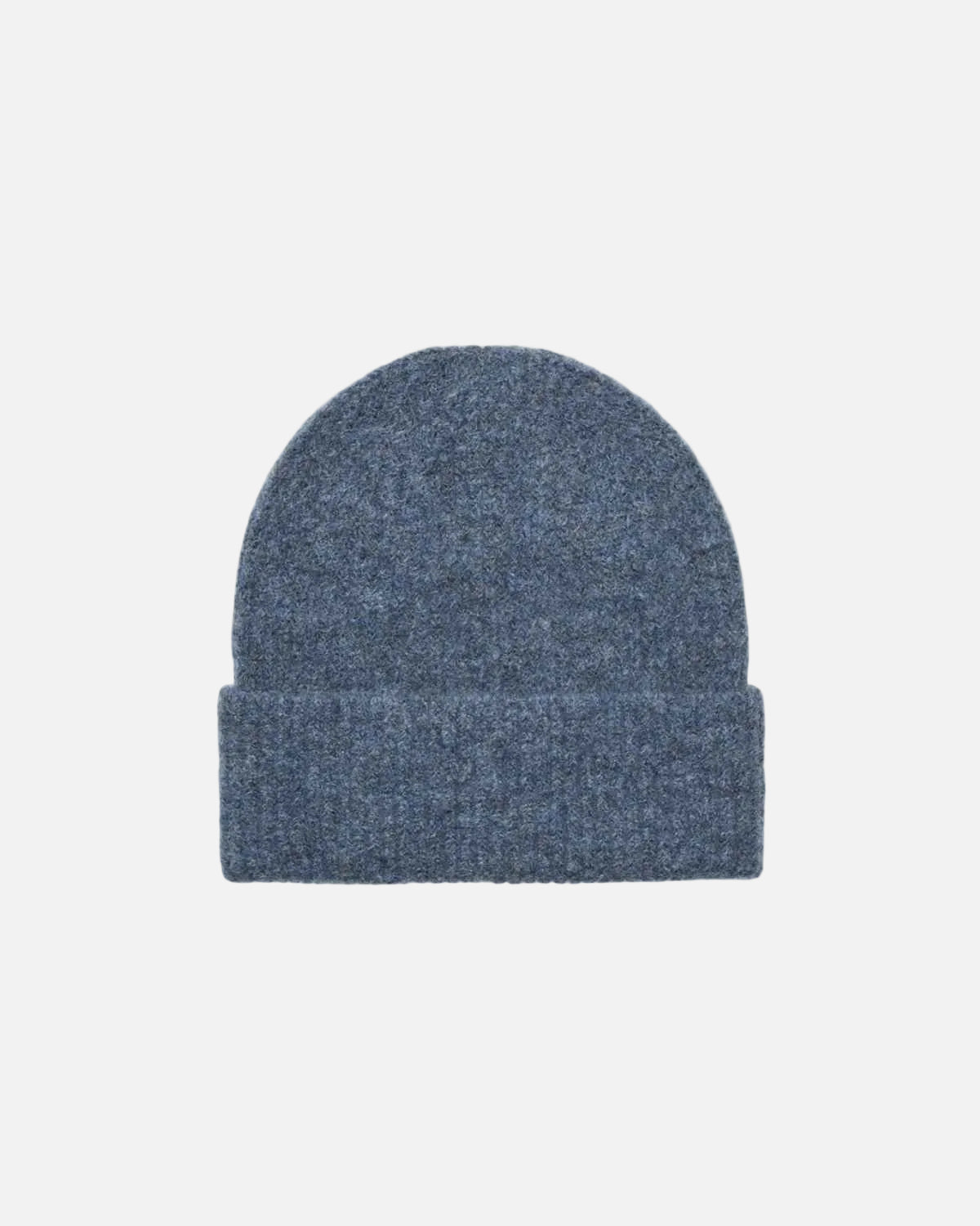 A single knit beanie hat in a heathered slate blue color, shown flat against a solid white background.
