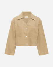 Beige corduroy shirt jacket on a white background