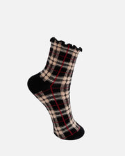 A single women's crew sock with a black, beige, and red plaid pattern and a ruffled edge, shown on a plain white background.
