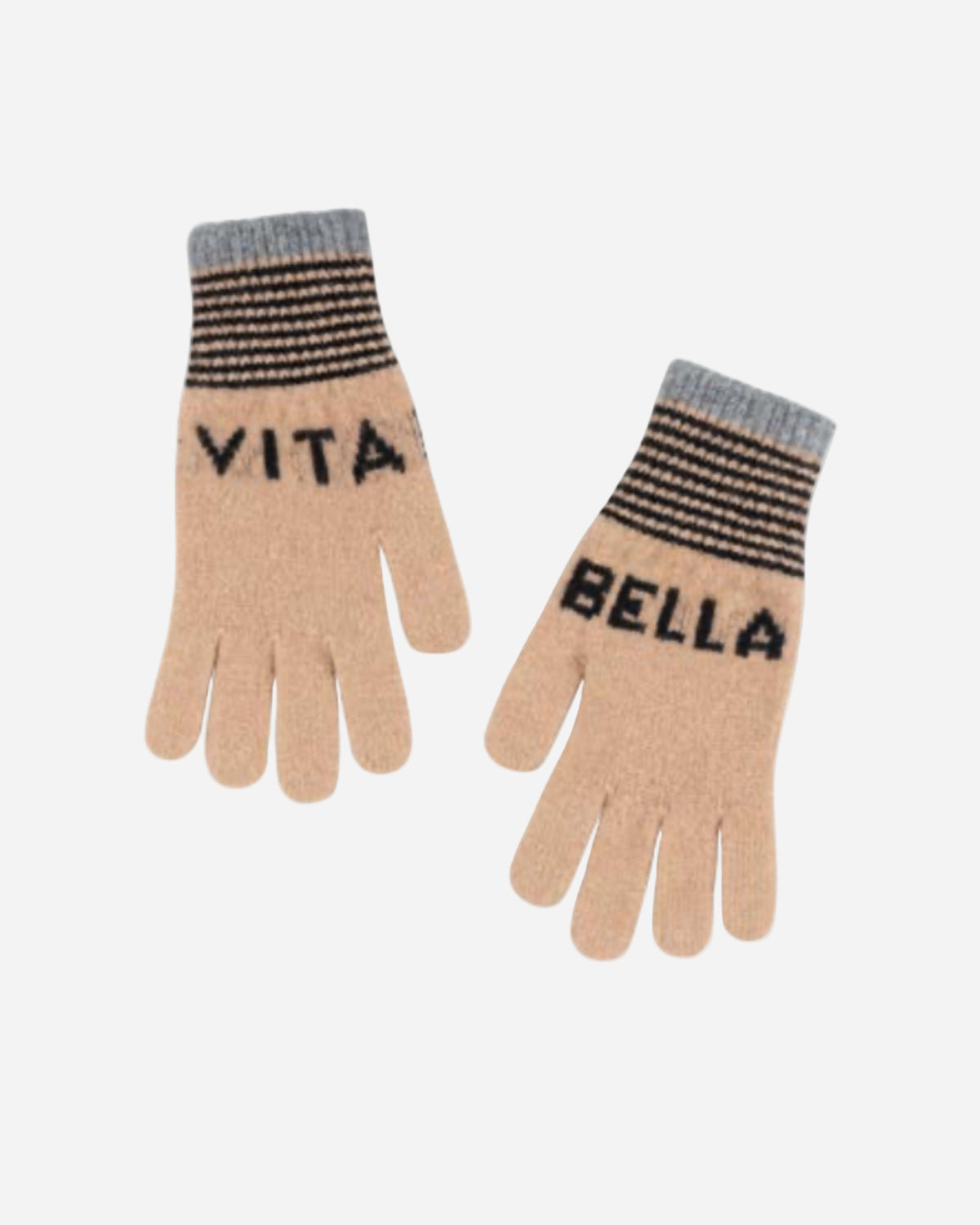 Pair of beige gloves with 'Vita' and 'Bella' text on a white background