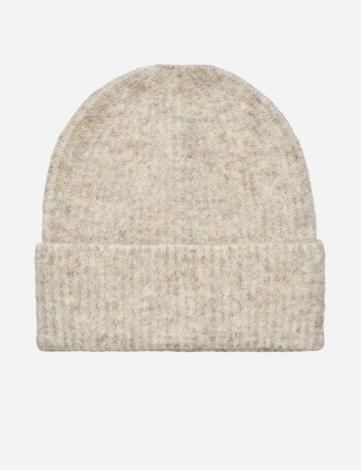 Beige knit beanie on a white background