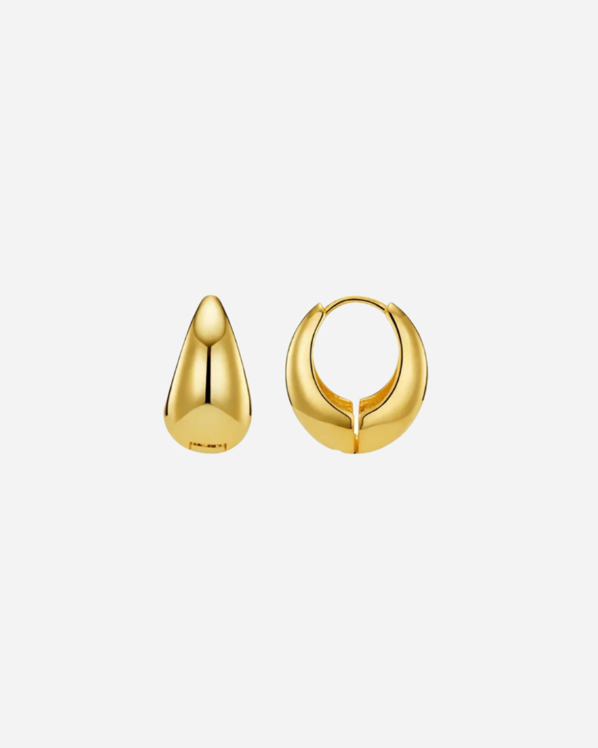 Two gold hoop earrings on a white background