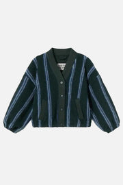 A dark green fuzzy cardigan sweater with vertical light blue stripes, featuring a button-up front and side pockets, laid flat against a light cream background.