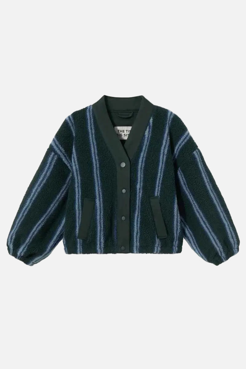A dark green fuzzy cardigan sweater with vertical light blue stripes, featuring a button-up front and side pockets, laid flat against a light cream background.