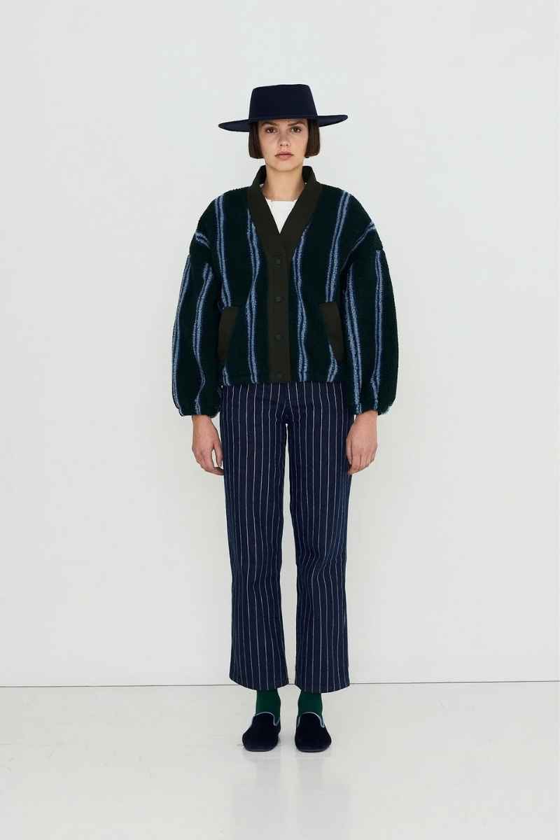 V NECK STRIPES SHERPA JACKET INK BLUE