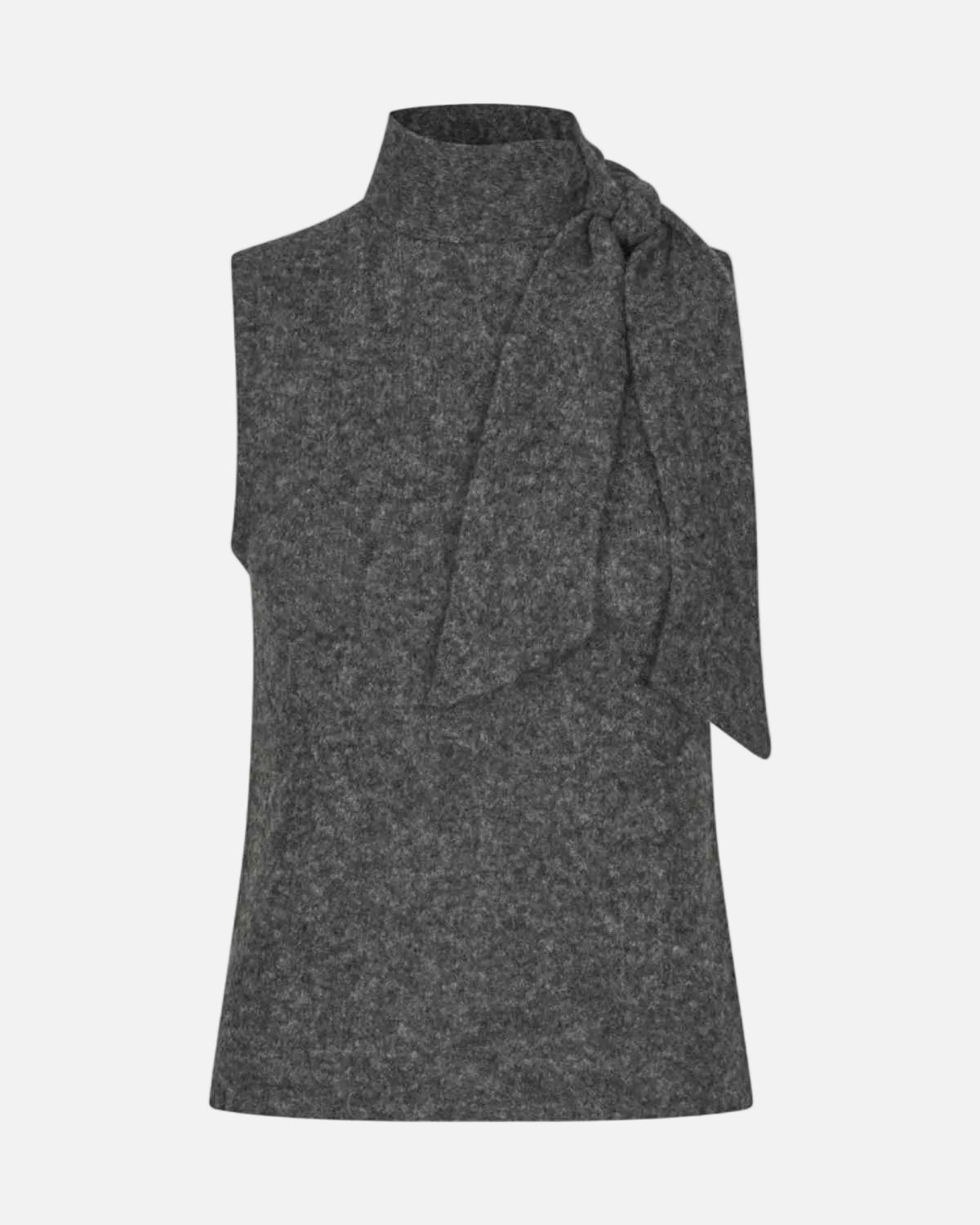 Gray sleeveless top with a bow detail on a white background