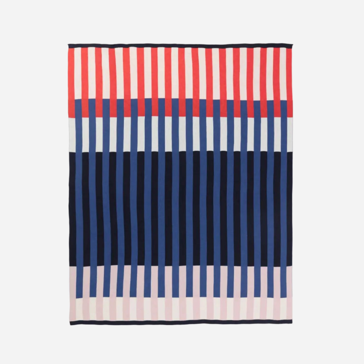 Striped fabric with red, blue, and pink horizontal stripes on a white background