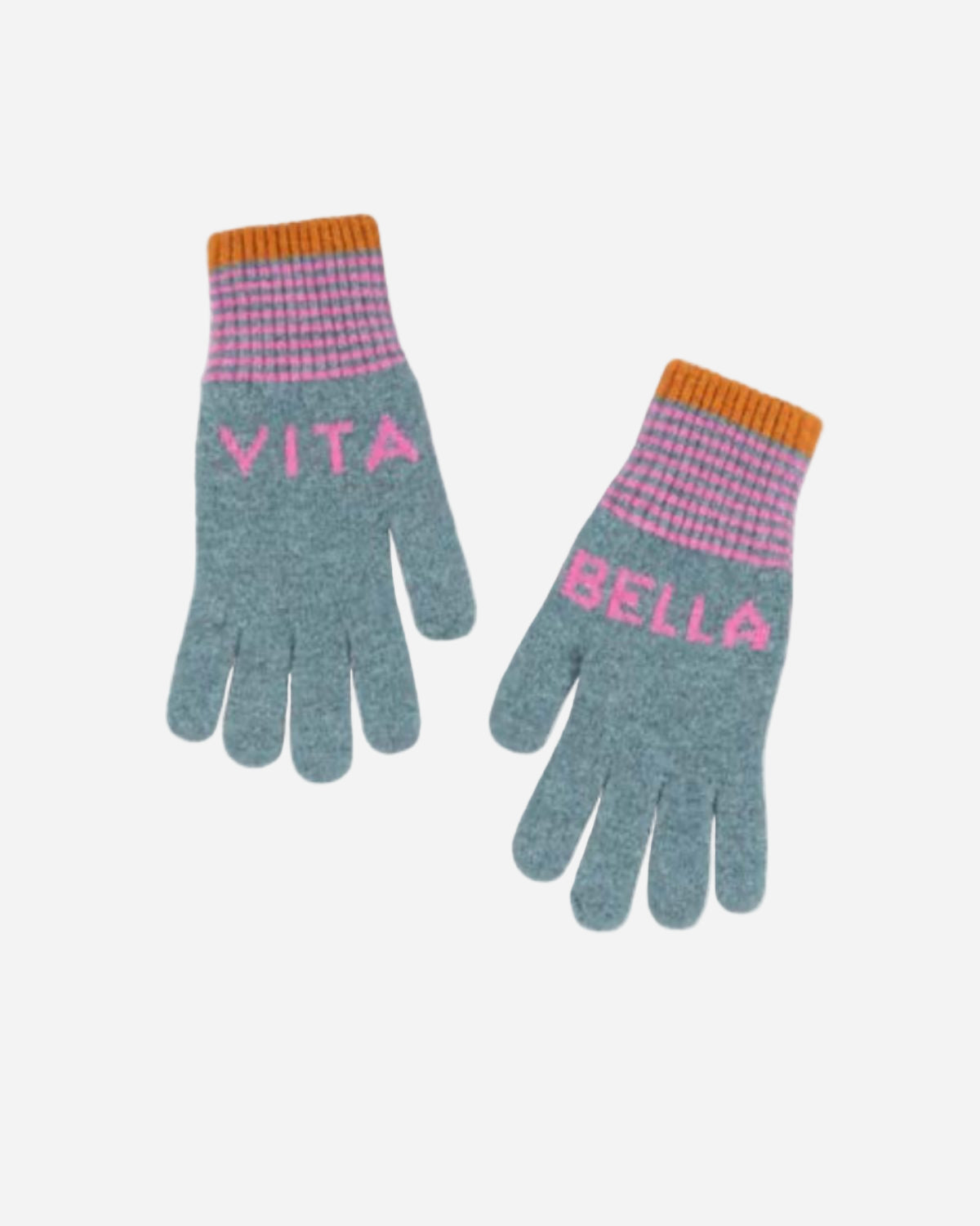 Pair of gloves with 'Vita' and 'Bella' text on a white background