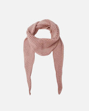 A dusty pink open-knit triangular scarf, styled in a loop and hanging down, shown against a plain white background.