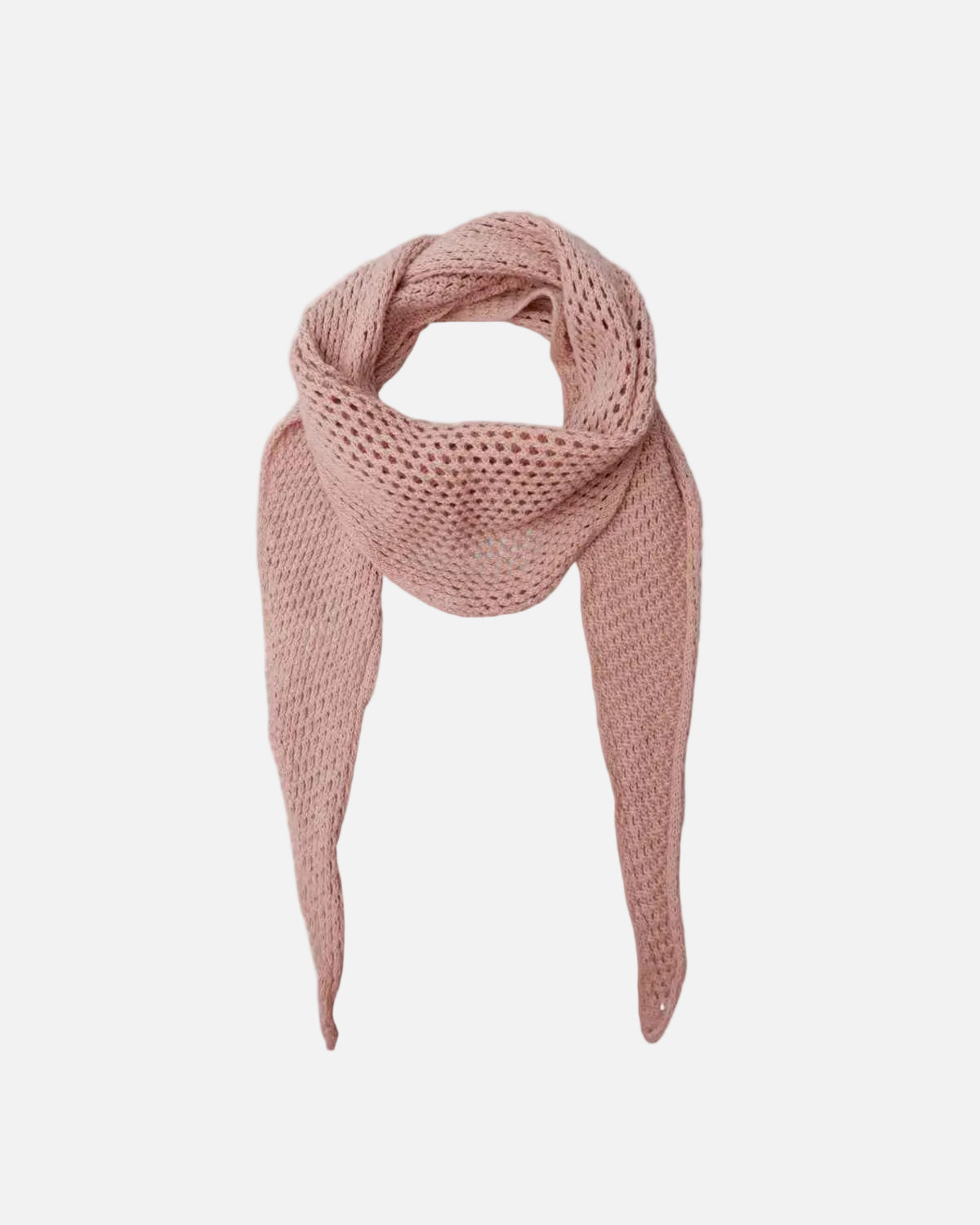 A dusty pink open-knit triangular scarf, styled in a loop and hanging down, shown against a plain white background.
