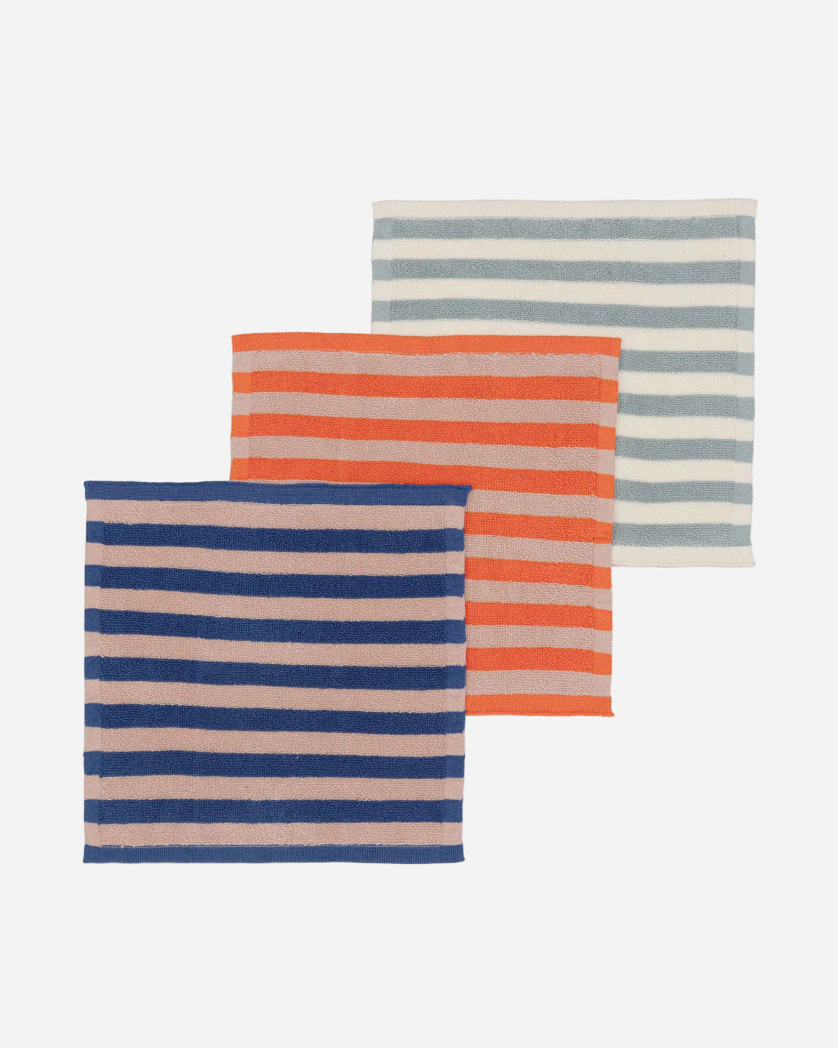 Three striped towels in blue, orange, and multicolor on a white background