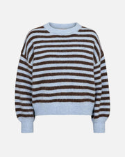 A light blue and dark brown striped knit sweater with a crew neck and ribbed cuffs and hem, shown against a plain white background.