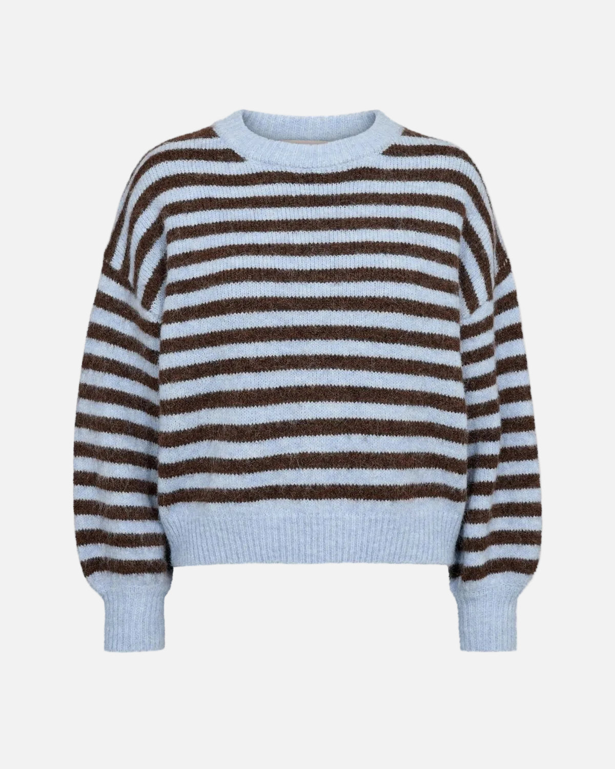 A light blue and dark brown striped knit sweater with a crew neck and ribbed cuffs and hem, shown against a plain white background.